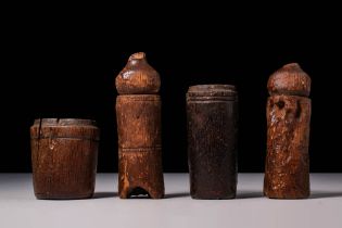 COLLECTION OF EGYPTIAN WOODEN PYXIDES WITH POMEGRANATE LIDS