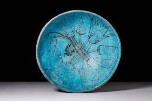 EGYPTIAN BLUE FAIENCE BOWL WITH LOTUS FLOWERS