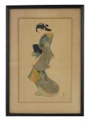 ANTIQUE JAPANESE COLOR WOODBLOCK PRINT GEISHA PORTRAIT