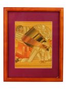 VINTAGE FOLK ARTWORK WITH WOOD STRIP INLAY RURAL SCENE