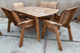 A WOODEN OBLONG TABLE WITH 2 CHAIRS & 2 BENCHES + VAT