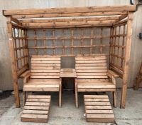 A WOODEN ARBOUR 2 SEATS & 2 FOOT STOOLS + VAT