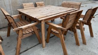 A LARGE WOODEN SQUARE TABLE WITH 4 CHAIRS & 2 BENCHES + VAT