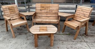 A SMALL WOODEN TABLE WITH A BENCH & TWO CHAIRS + VAT