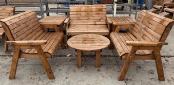 A WOODEN ROUND TABLE WITH 3 BENCHES & 2 COFFEE TABLES + VAT