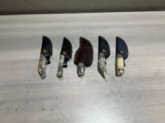 ( 5 ) UNUSED SMALL HANDMADE DAMASCUS KNIVES IN MOLD PROOF LEATHER SHEATHS, ASSORTED SIZES AND COL...