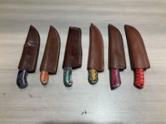 ( 6 ) UNUSED HANDMADE DAMASCUS KNIVES IN MOLD PROOF LEATHER SHEATHS, ASSORTED SIZES AND COLORS, S...