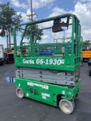 GENIE SCISSOR LIFT MODEL GS1930, ELECTRIC, APPROX MAX PLATFORM HEIGHT 19FT, BUILT IN BATTERY
