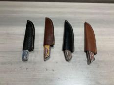 ( 4 ) UNUSED HANDMADE DAMASCUS KNIVES IN MOLD PROOF LEATHER SHEATHS, ASSORTED SIZES AND COLORS, S...