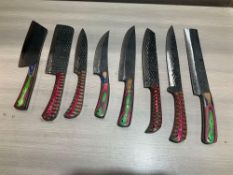 ( 8 ) UNUSED HANDMADE DAMASCUS KNIVES , ASSORTED SIZES AND COLORS, STEEL