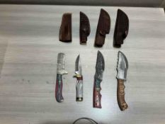 ( 4 ) UNUSED HANDMADE DAMASCUS KNIVES IN MOLD PROOF LEATHER SHEATHS, ASSORTED SIZES AND COLORS, S...