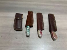 ( 4 ) UNUSED HANDMADE DAMASCUS KNIVES IN MOLD PROOF LEATHER SHEATHS, ASSORTED SIZES AND COLORS, S...