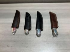 ( 4 ) UNUSED HANDMADE DAMASCUS KNIVES IN MOLD PROOF LEATHER SHEATHS, ASSORTED SIZES AND COLORS, S...