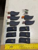 UNUSED (14) HANDMADE DAMASCUS KNIVES IN MOLD PROOF LEATHER SHEATHS, ASSORTED SIZES AND COLORS, ST...