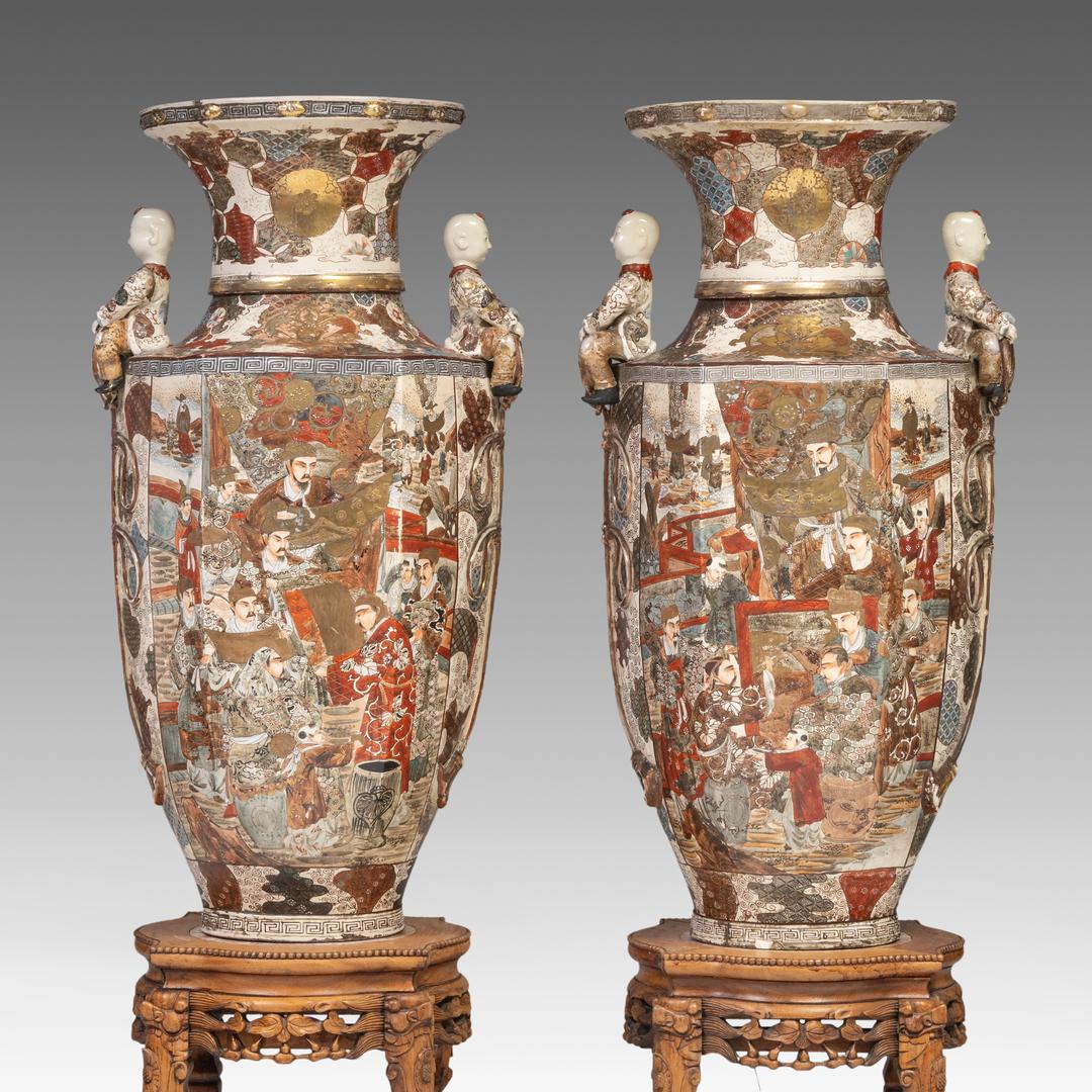 An impressive pair of Japanese Satsuma ware 'Court Scenes' vases, Meiji (20thC), H 103 cm - each res - Image 2 of 18