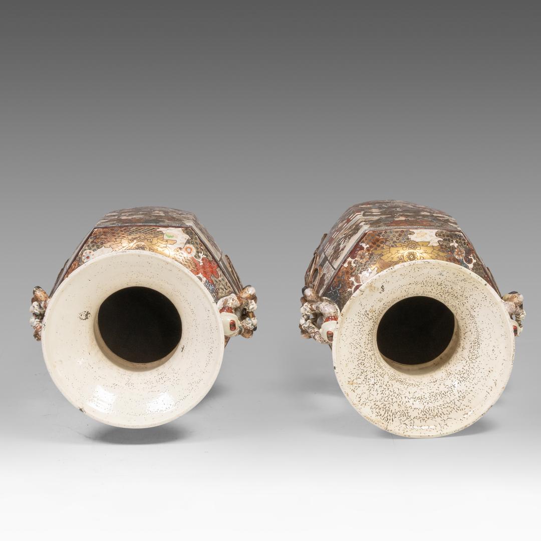 An impressive pair of Japanese Satsuma ware 'Court Scenes' vases, Meiji (20thC), H 103 cm - each res - Image 10 of 18