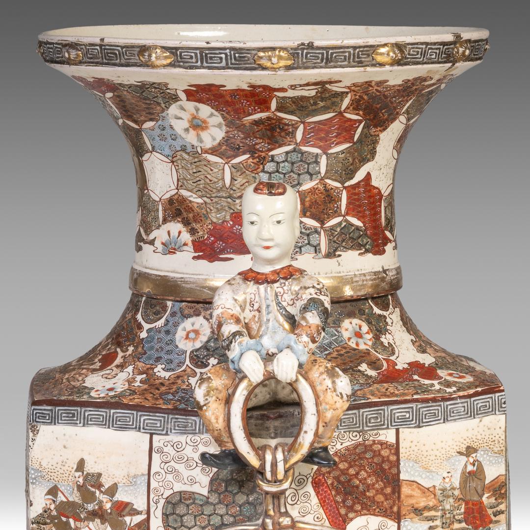 An impressive pair of Japanese Satsuma ware 'Court Scenes' vases, Meiji (20thC), H 103 cm - each res - Image 6 of 18
