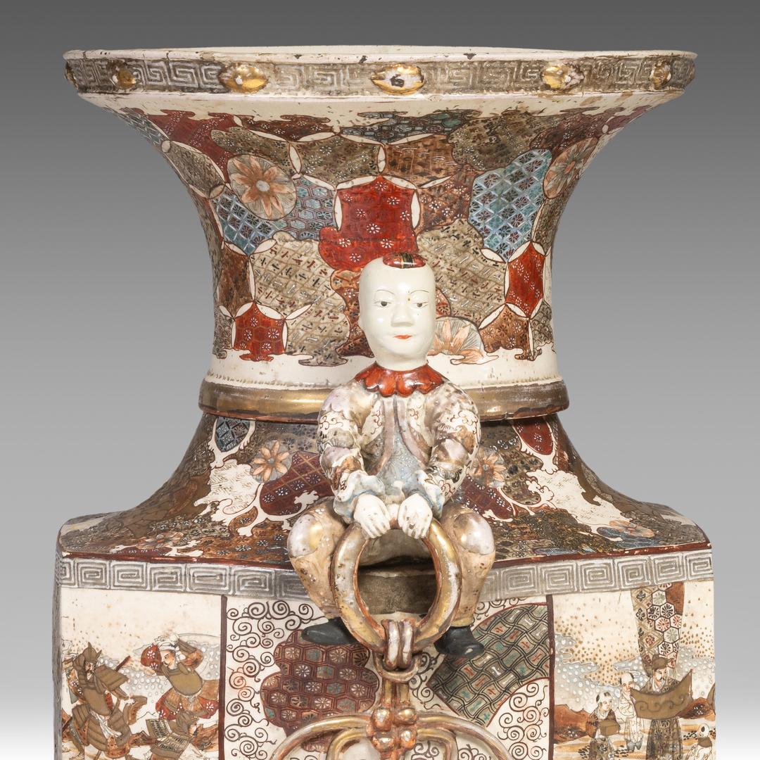 An impressive pair of Japanese Satsuma ware 'Court Scenes' vases, Meiji (20thC), H 103 cm - each res - Image 7 of 18