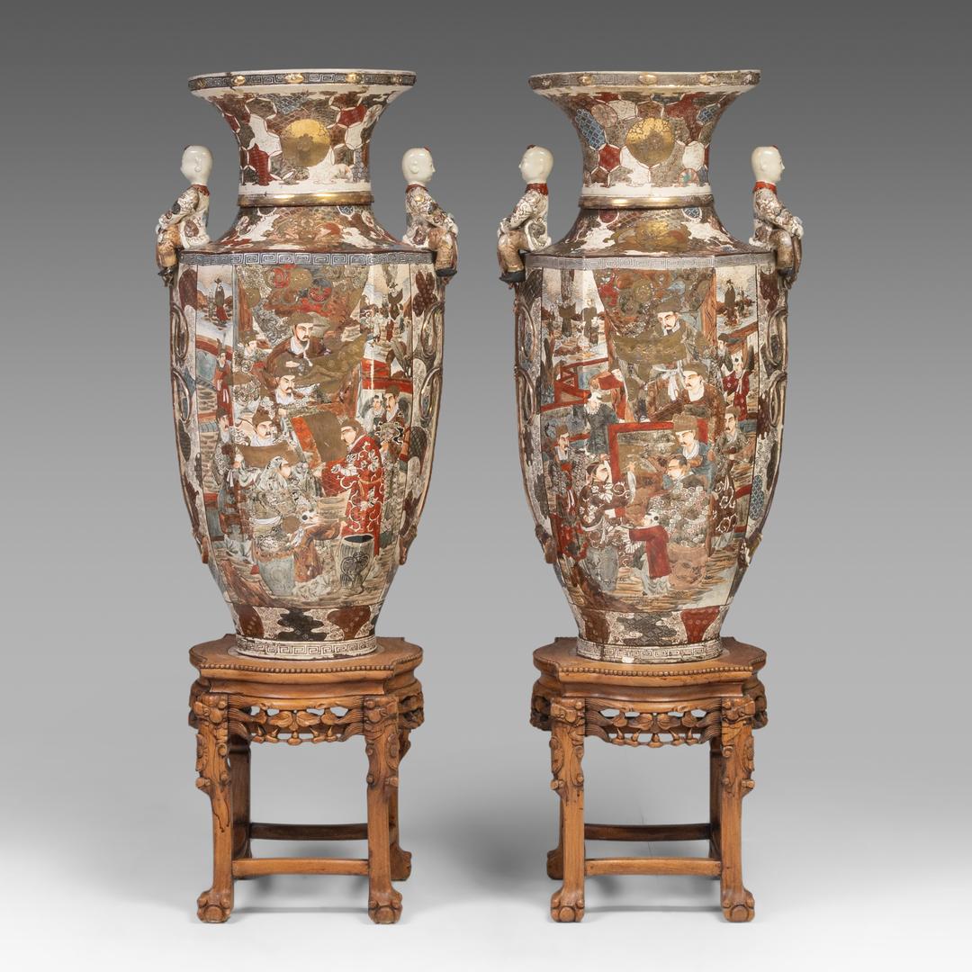 An impressive pair of Japanese Satsuma ware 'Court Scenes' vases, Meiji (20thC), H 103 cm - each res
