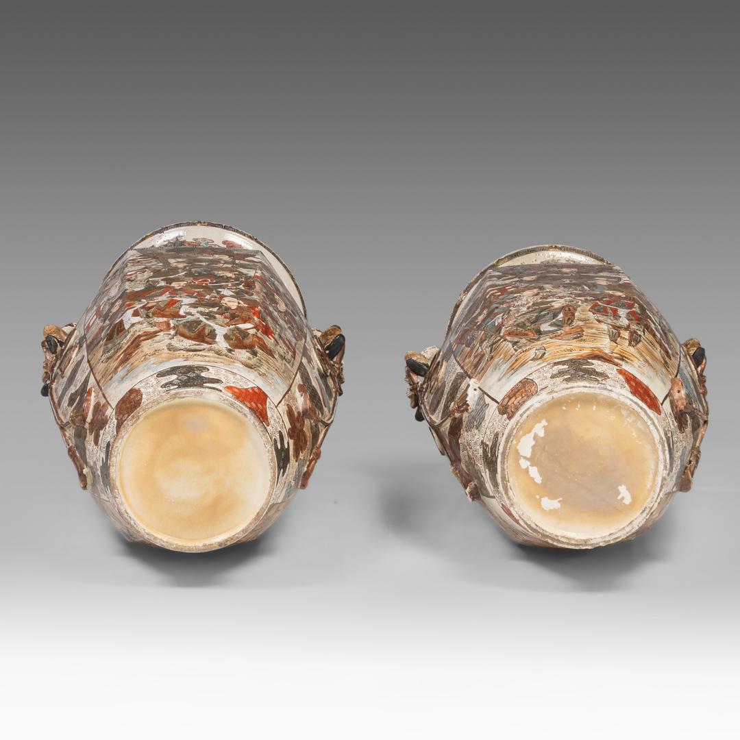 An impressive pair of Japanese Satsuma ware 'Court Scenes' vases, Meiji (20thC), H 103 cm - each res - Image 11 of 18