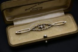 14K Gold Brosche mit Perlen und Diamanten