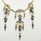Antikes Collier mit 17 Perlen, 6 Diamantrosen und blauer Emaille, um 1900, und Collier-Ansatzkette,