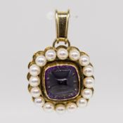 Massiver Anhänger mit Amethyst-Cabochon und 16 Akoya-Perlen, Goldschmiedearbeit, 90er Jahre