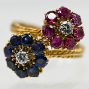 Ring mit 8 Saphiren, 7 Rubinen und 2 Brillanten, zus. ca. 0,3 ct, Juwelierarbeit, 80er Jahre