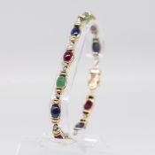 Gliederarmband mit 4 Saphir-, 4 Rubin-, 3 Smaragd-Cabochons und kleinen Achtkant-Diamanten, 80er Ja