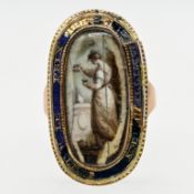 Antiker Ring mit Miniaturmalerei mit Devise, in Gold und Emaille konturiert, 19. Jh.