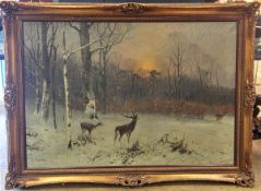 Friedrich Nath (1859-1925) "Hirsche in abendlicher Winterlandschaft"