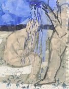 Unter der Dusche. Signiert, Aquarell, 21 x 30 cm