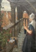 Edmund Körner. Stehende strickende Frau, die vom Balkon auf die ziegelbedeckten Dächer der Stadt
