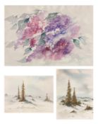 Günther Burr (* 1943, Würzburger Maler), drei Aquarelle: zwei Winterlandschaften mit Nadelbäumen,