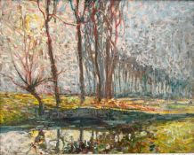 Albert SAVERYS (1886-1964), Landschaft mit Weiher und Bäumen im Morgenlicht, signiert sowie rücks.