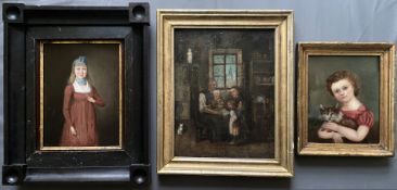 Konvolut von 3 Gemälden, unbekannte Künstler, 19. Jh.: Interieur mit Familie vor Fenster, Öl/Holz,