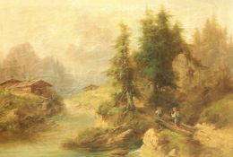 Unbekannter Künstler, 19. Jh. Wanderndes Paar in alpenländischer Kulisse. Berghütten und Tannen.