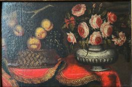 Unbekannter Künstler, 18./19. Jh., Stilleben mit Korb und Zinnschale, Äpfeln, Trauben und Rosen,