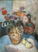 Unbekannter Maler, Blumenstillleben: Arrangement aus Sommerblumen in einer orangenen Vase mit zwei