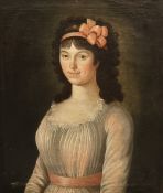 Unbekannter Künstler um 1800. Portrait einer jungen Frau mit einer rosa Schleife im Haar. Auf der
