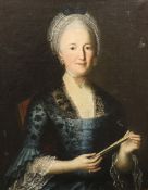 Unbekannter Maler um 1790. Portrait einer vornehmen Dame, die Schmuck angelegt hat und in der Hand