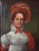 Unbekannter Künstler, Biedermeier, 19. Jh., Portrait einer Dame mit rotem Hut, Öl/Lwd, Altersspuren,