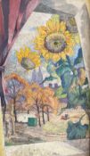 Unbekannter Maler, Fensterausblick auf den Kölner Dom mit Sonnenblumen im Vordergrund, Öl/Lwd. 98