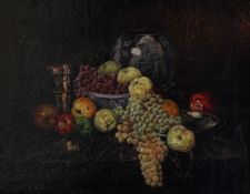 Unbekannter Künstler, Stillleben mit farbenfrohen Früchten, 19. Jh, Öl/Lwd, aufgez., Craquelé, 53