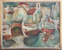 Matheos Florakis (1935 Athen), Hafenansicht in Griechenland, Komposition aus überwiegen