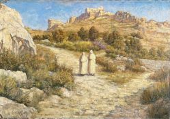 Unbekannter Maler, zwei Mönche in französischer Landschaft bei Les Baux-de-Provence: im Zentrum