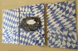 Ruth Grünbein. Weißwurst im Vogelnest. Großes Triptychon. Signiert, Acryl auf Papier und Leinwand,
