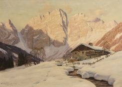 Erwin Kettemann (1897 München - 1971 Tegernsee), Winterabend bei Cortina: Almhütte