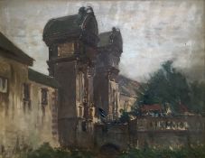 Unbekannter Künstler, um 1900, Prozession über eine Brücke Richtung Stadtportal mit