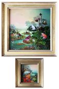 Yvan Vecenaj (1920 Gola- Koprivnica 2013), zwei Hinterglasbilder, fantastische Landschaften, Naive